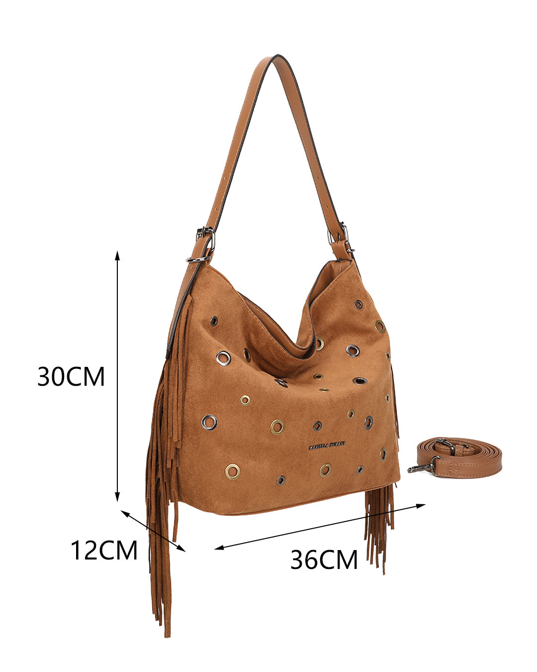 Bolso de hombro suave en ecopiel afelpada con flecos y ojales metálicos