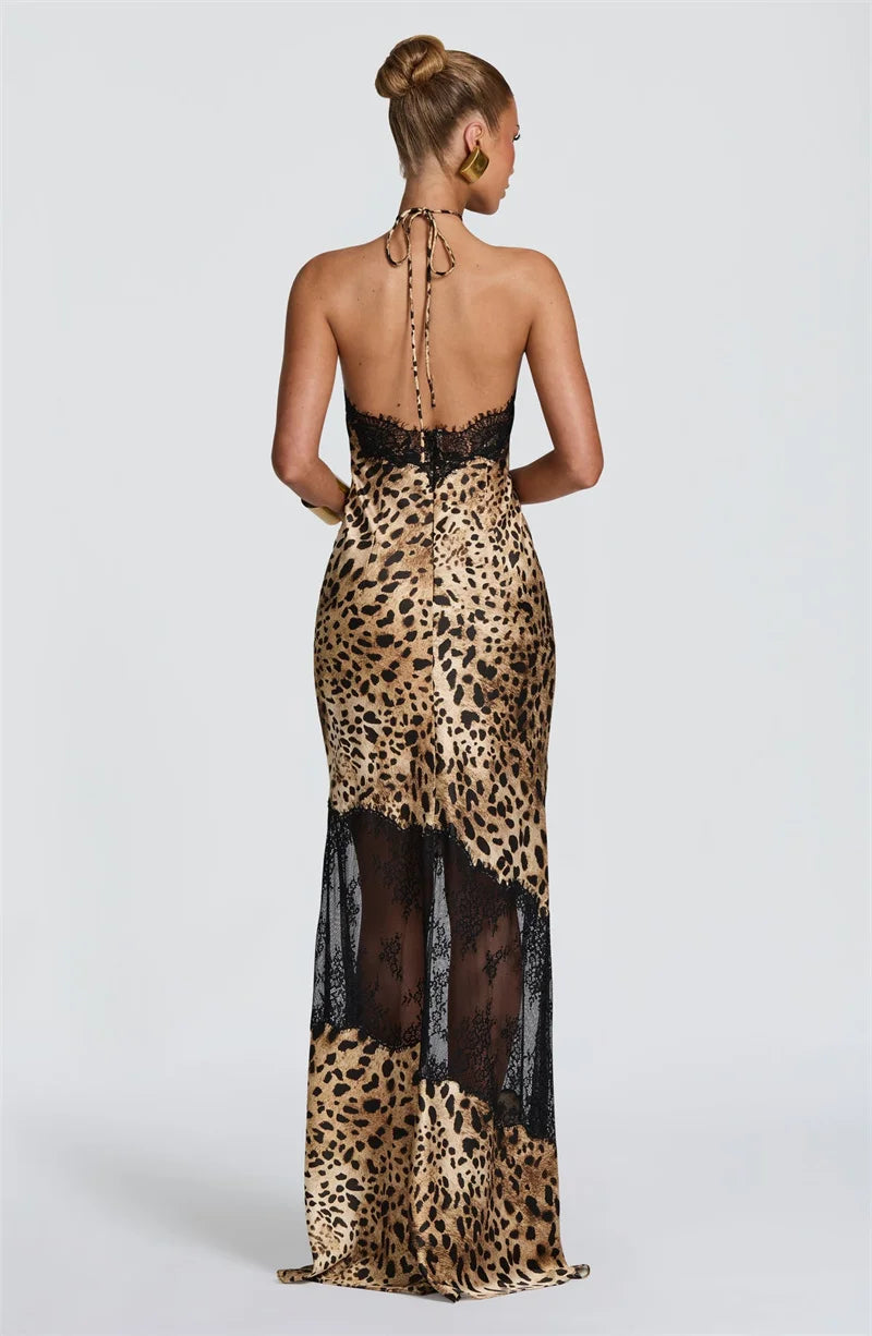 Vestido Maxi Estampado leopardo | Halter · Espalda Descubierta · Encaje Transparente