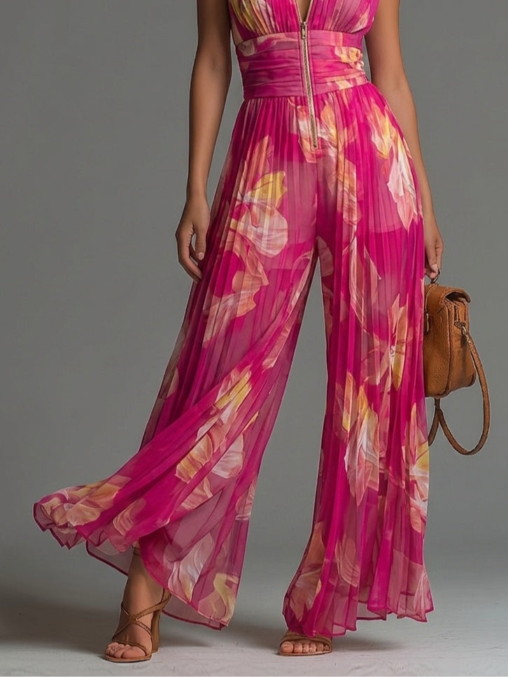 Mono Fucsia en Chifón con Estampado Floral, Sin Mangas, Cremallera y Pierna Ancha Plisada