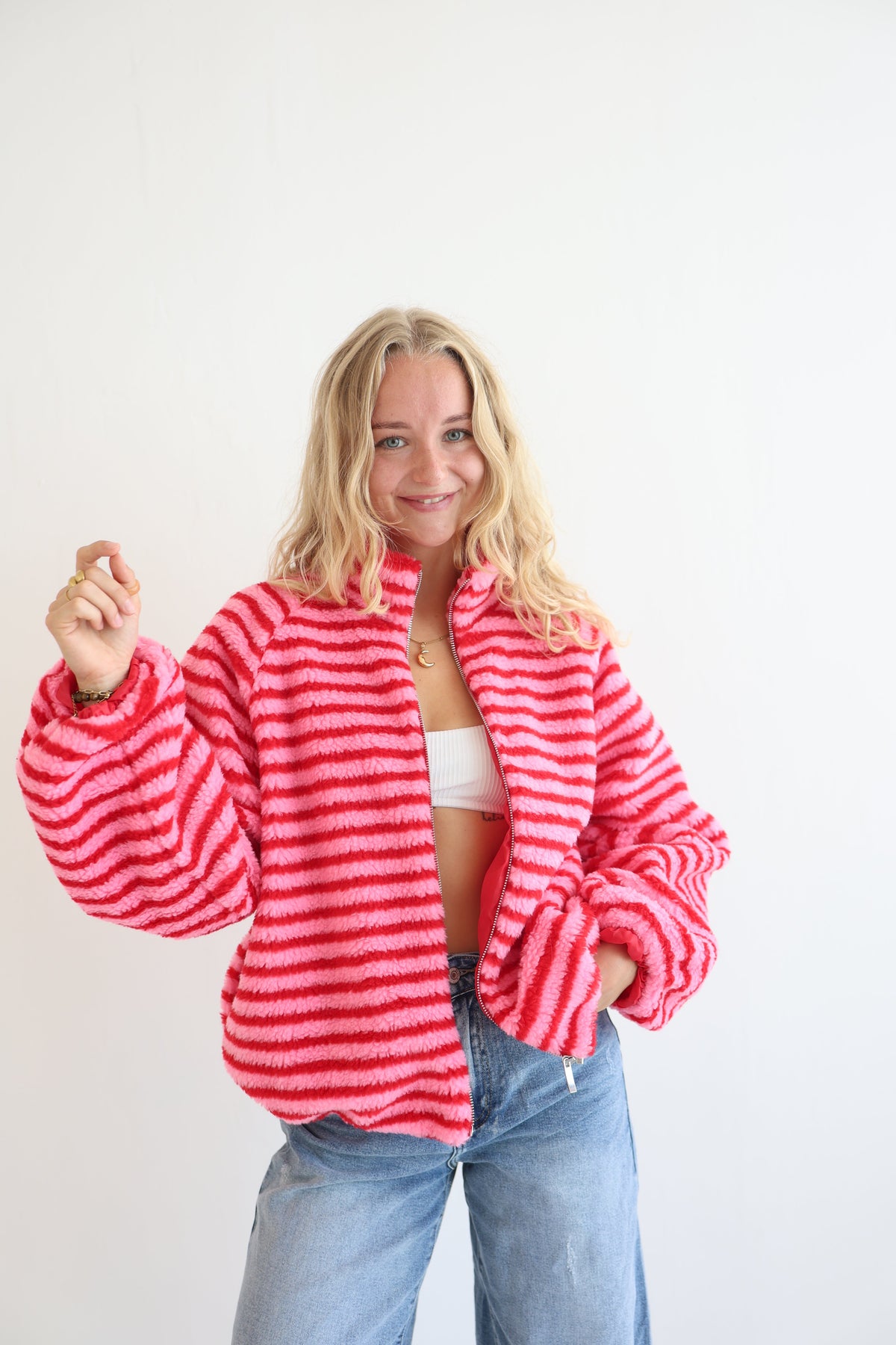 Chaqueta Fleece de Rayas Oversize