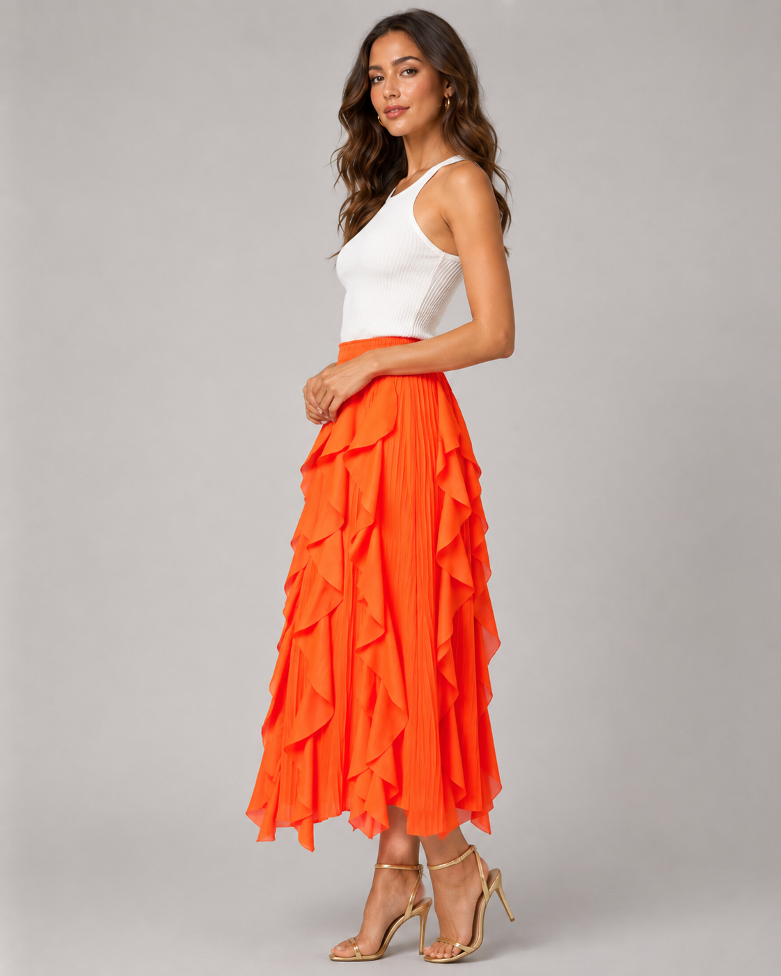 Falda Plisada con Volantes en Cascada | Cintura Elástica · Naranja