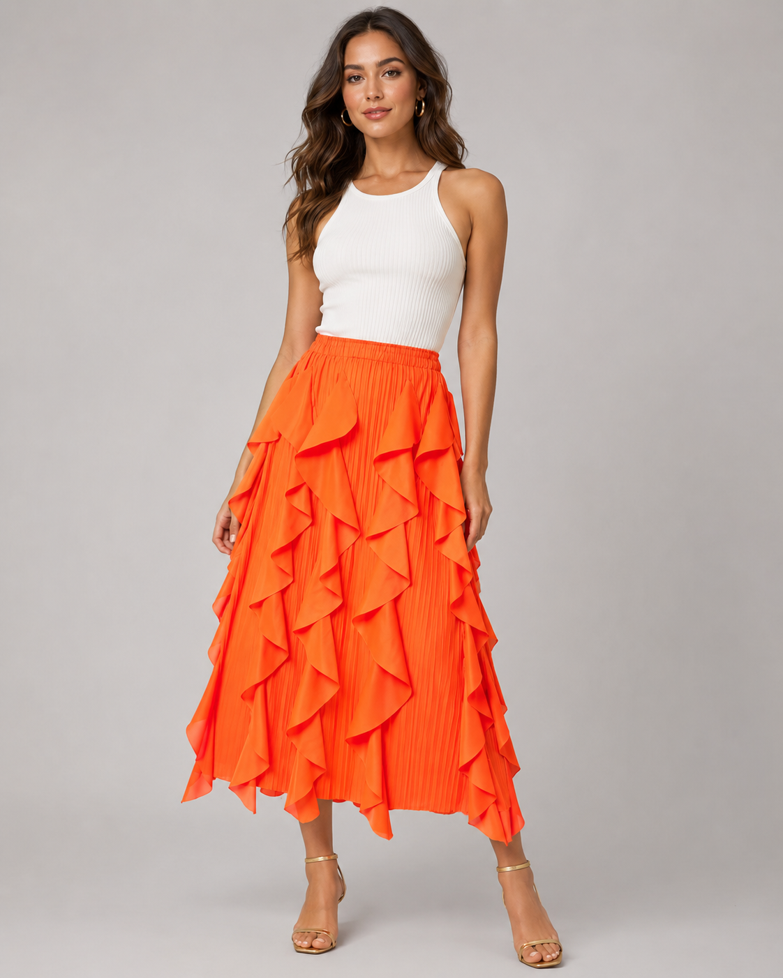 Falda Plisada con Volantes en Cascada | Cintura Elástica · Naranja
