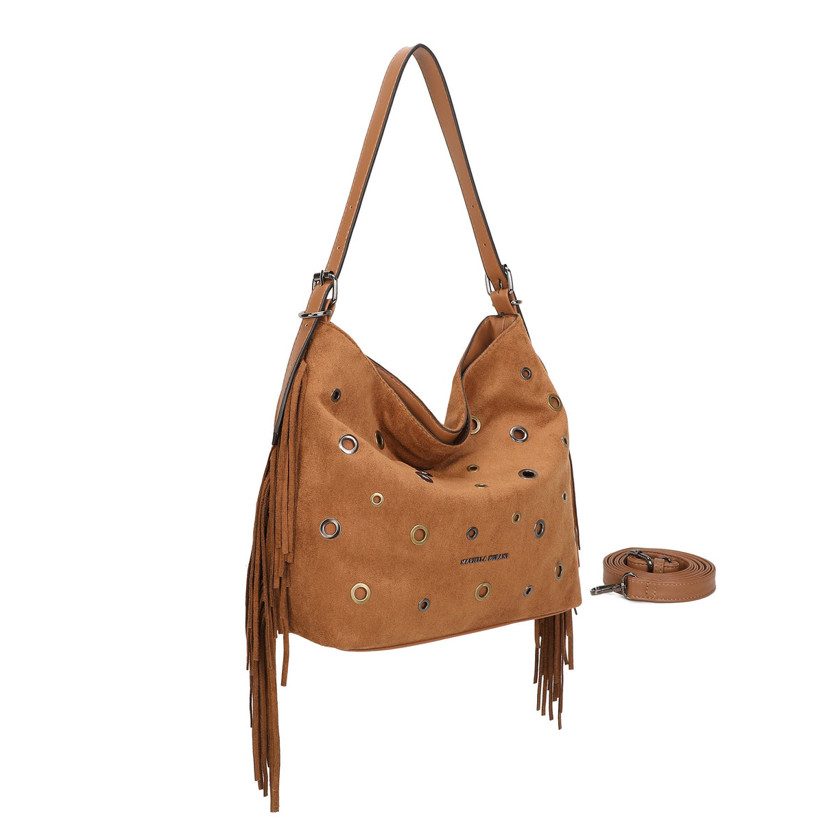 Bolso de hombro suave en ecopiel afelpada con flecos y ojales metálicos