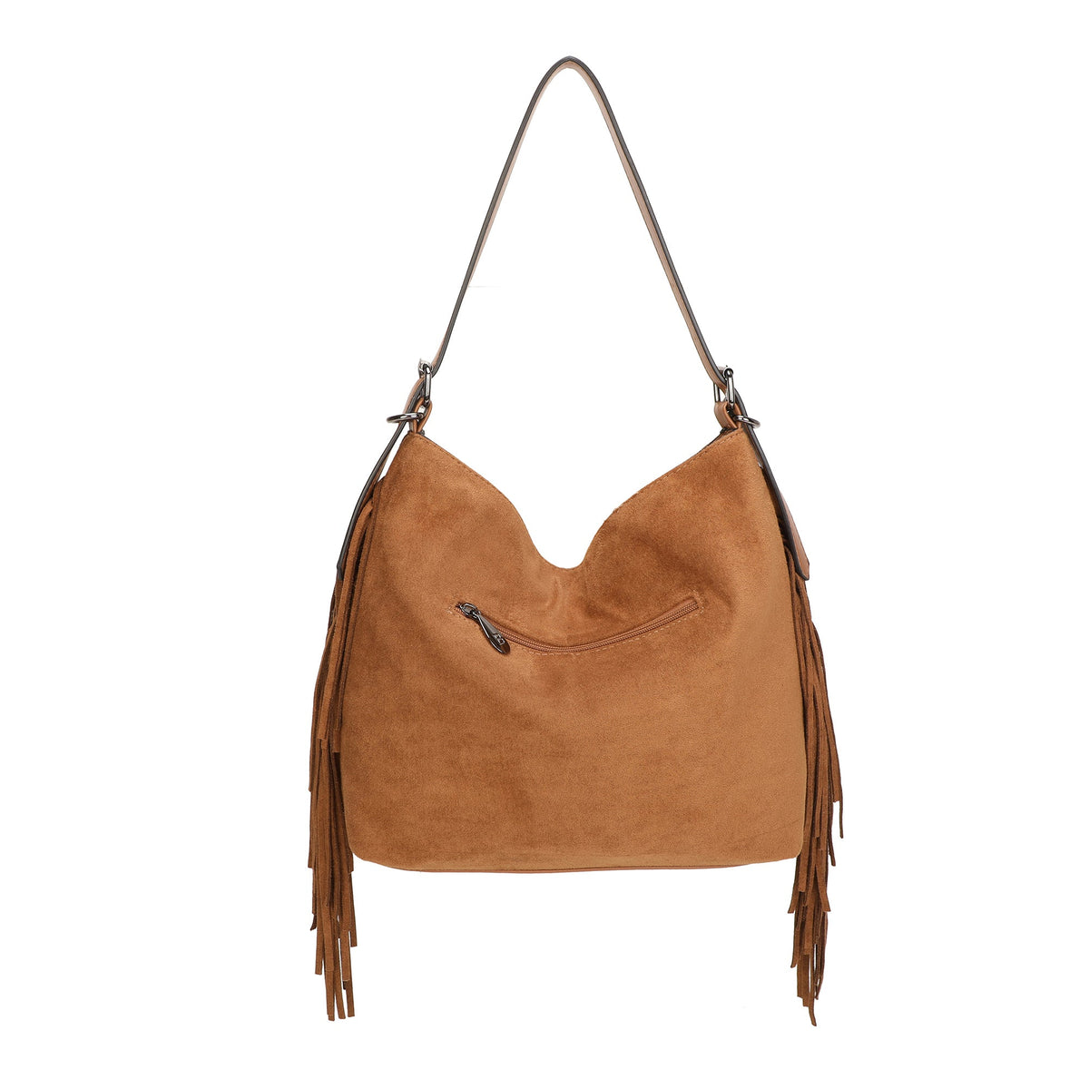 Bolso de hombro suave en ecopiel afelpada con flecos y ojales metálicos