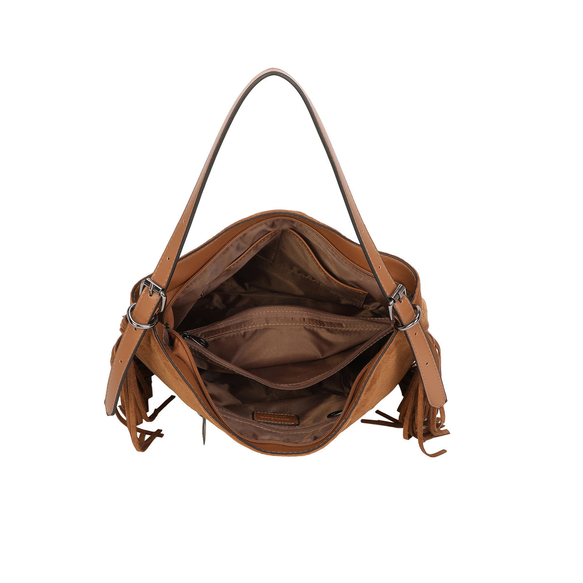 Bolso de hombro suave en ecopiel afelpada con flecos y ojales metálicos