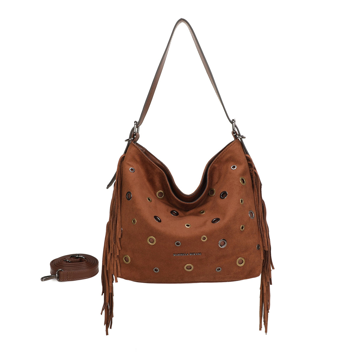 Bolso de hombro suave en ecopiel afelpada con flecos y ojales metálicos