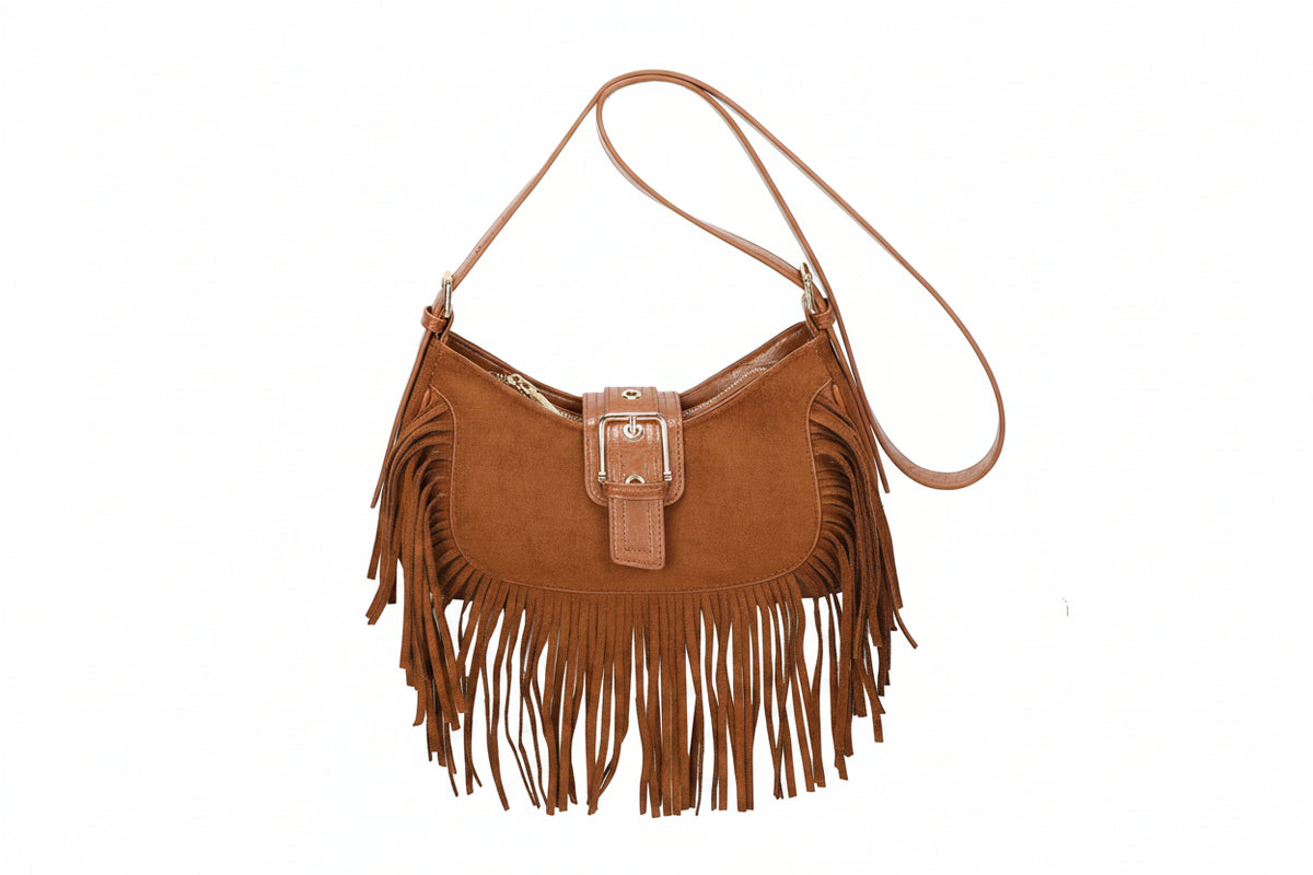 Bolso hobo bandolera en ecopiel afelpada con flecos