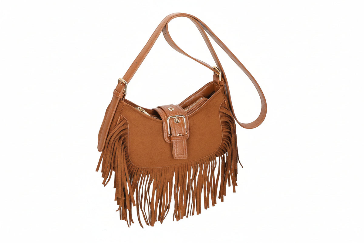 Bolso hobo bandolera en ecopiel afelpada con flecos