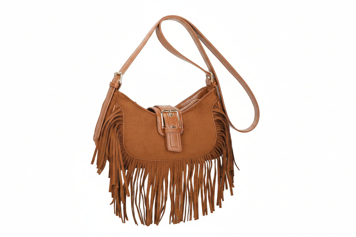 Bolso hobo bandolera en ecopiel afelpada con flecos