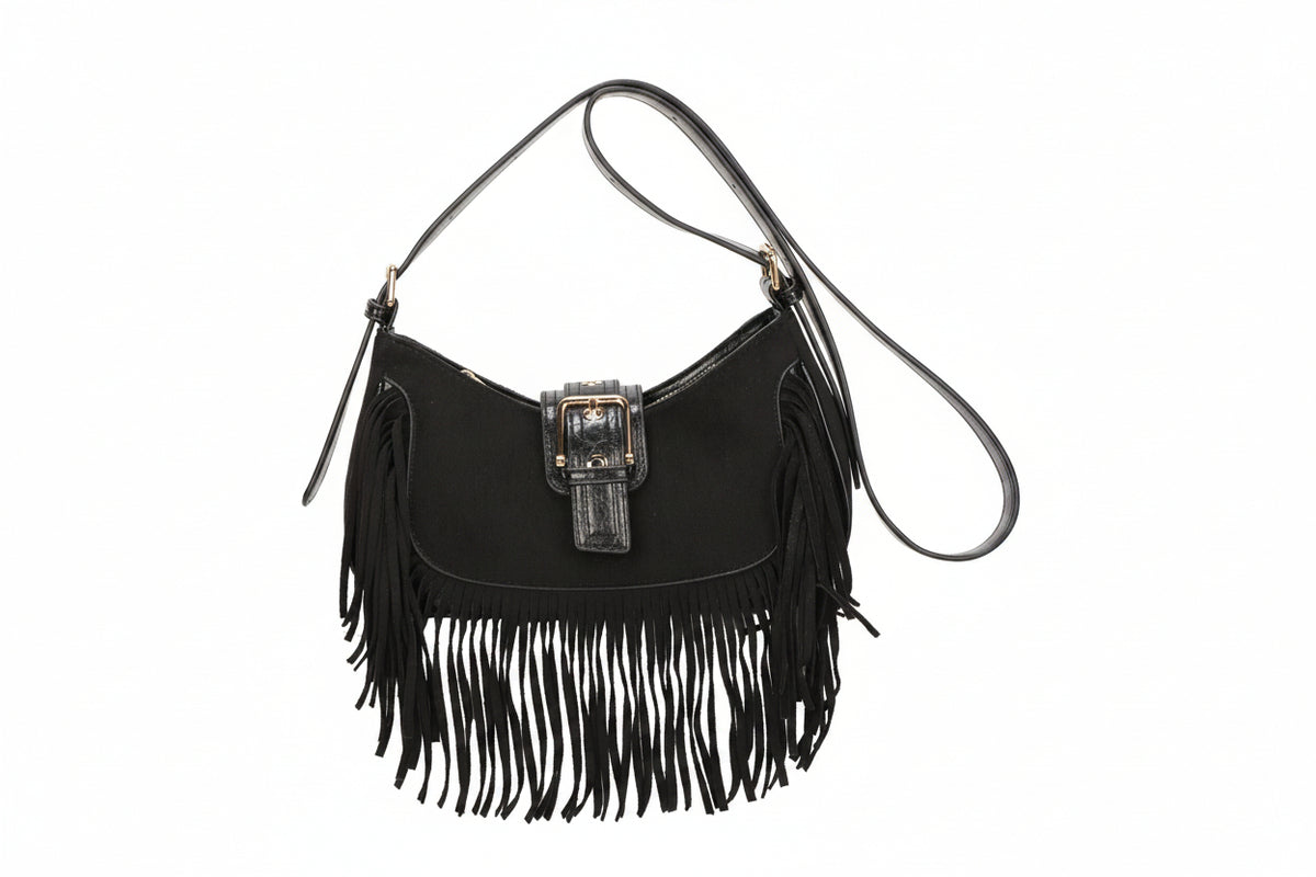 Bolso hobo bandolera en ecopiel afelpada con flecos
