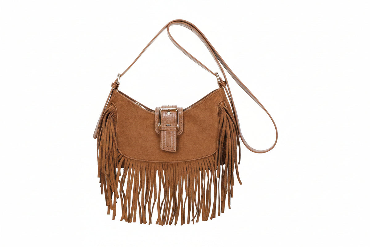 Bolso hobo bandolera en ecopiel afelpada con flecos