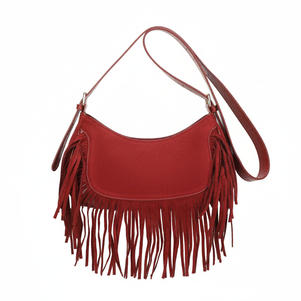 Bolso hobo bandolera en ecopiel afelpada con flecos