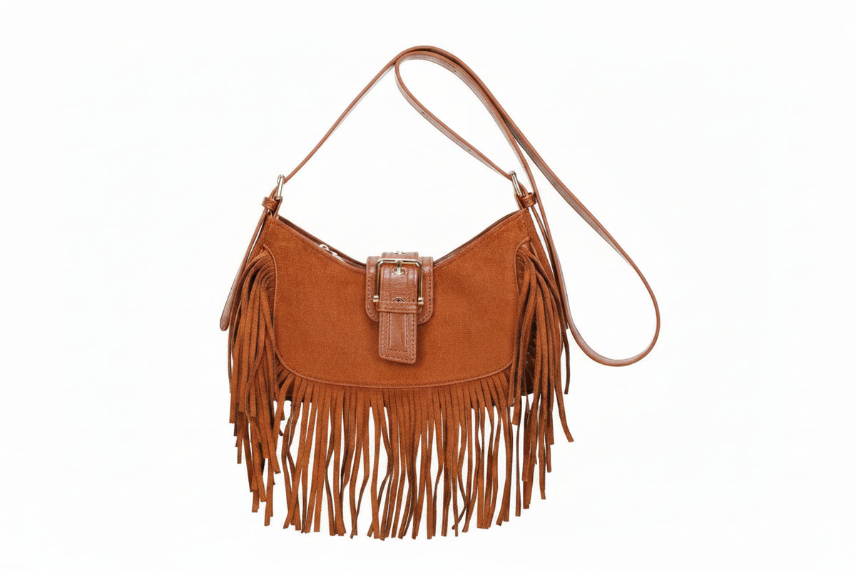 Bolso hobo bandolera en ecopiel afelpada con flecos