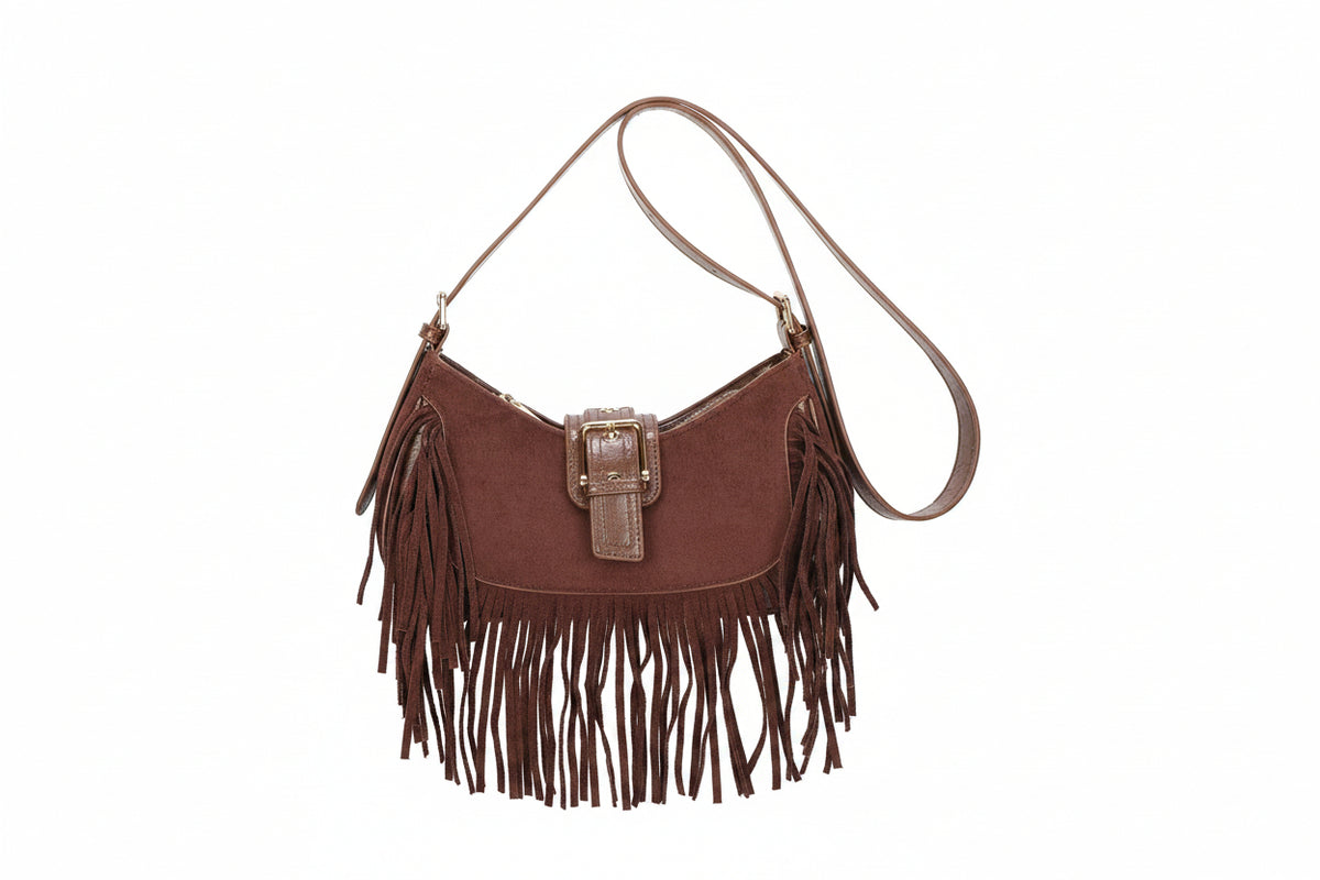 Bolso hobo bandolera en ecopiel afelpada con flecos