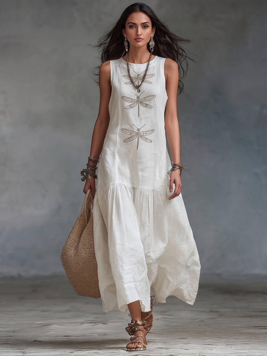 Vestido julieta | Maxi sin Mangas con Bordado de Libélulas