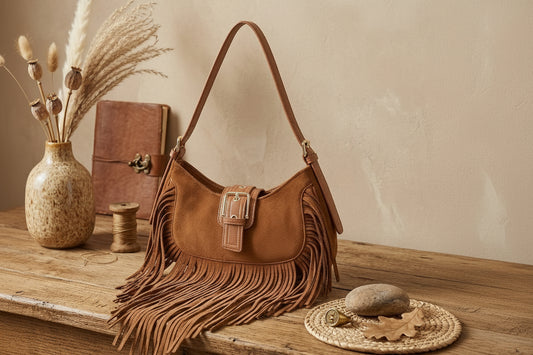 Bolso hobo bandolera en ecopiel afelpada con flecos