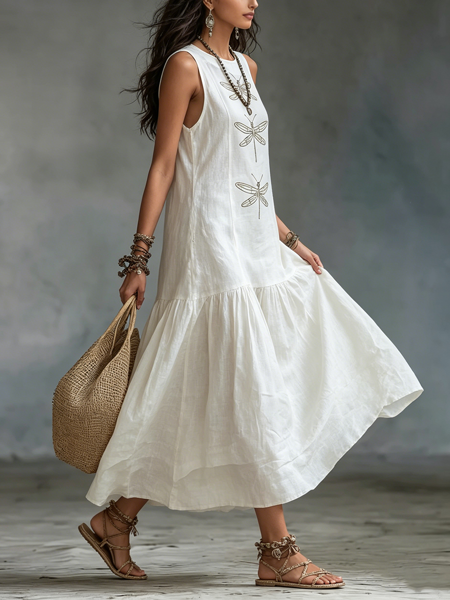 Vestido julieta | Maxi sin Mangas con Bordado de Libélulas