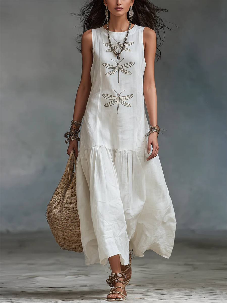 Vestido julieta | Maxi sin Mangas con Bordado de Libélulas