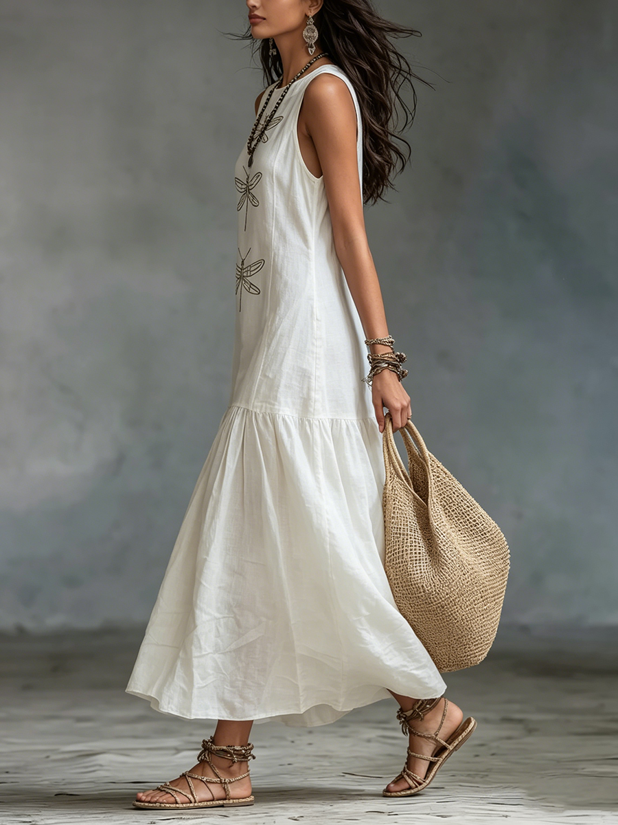 Vestido julieta | Maxi sin Mangas con Bordado de Libélulas