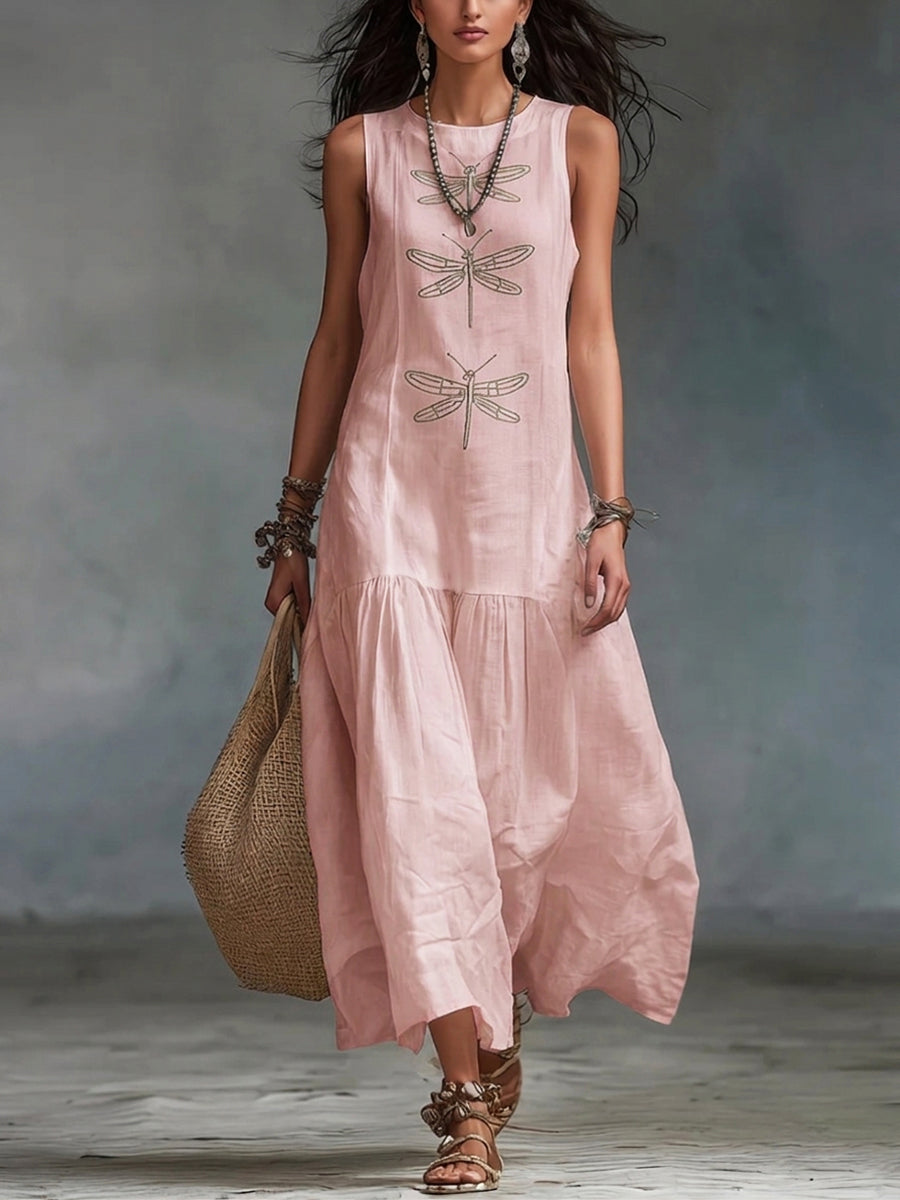 Vestido julieta | Maxi sin Mangas con Bordado de Libélulas