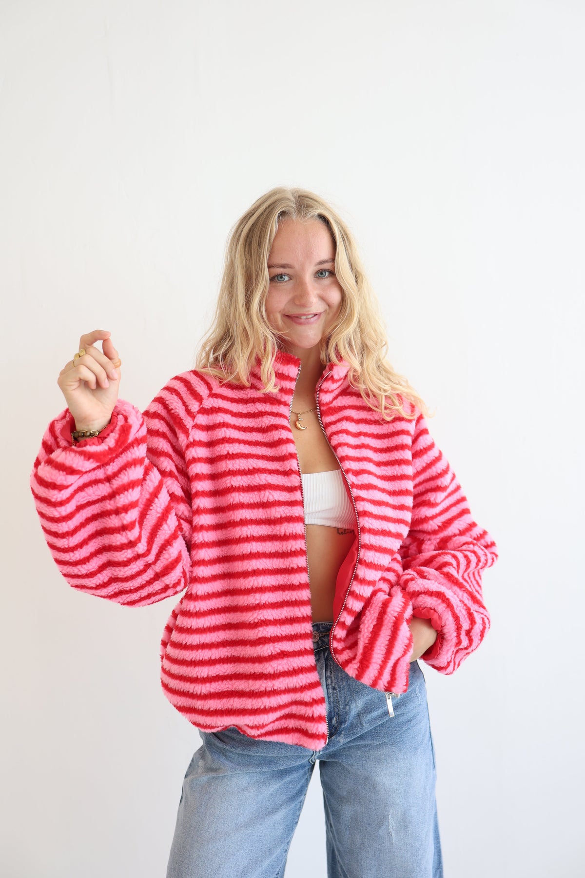 Chaqueta Fleece de Rayas Oversize