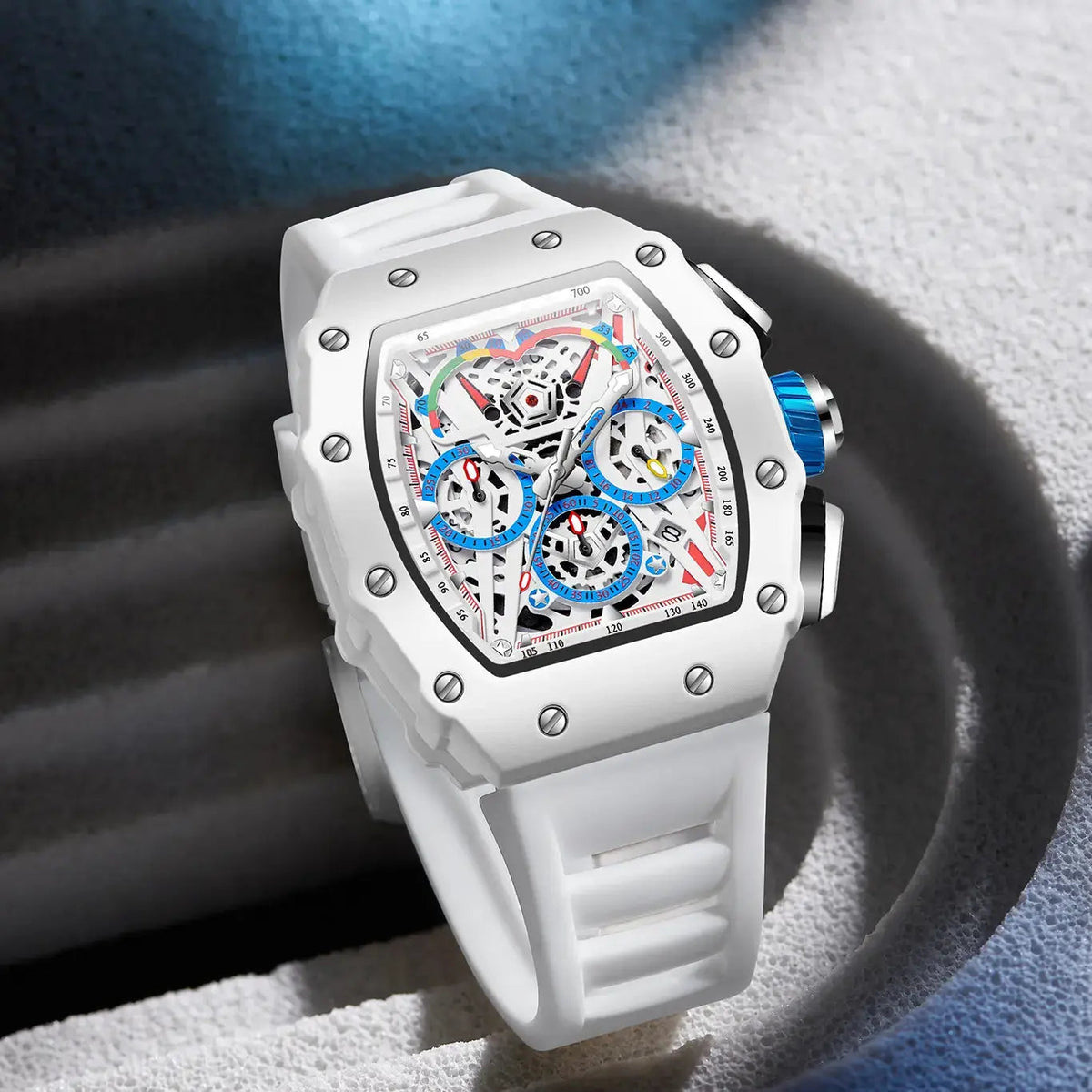 Reloj Hombre Esqueleto Cronógrafo | Caja Tonel · Esfera Abierta · 7 Colores