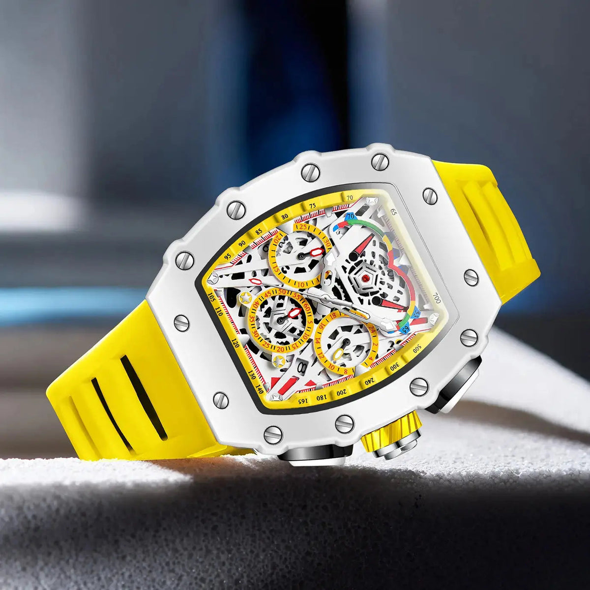 Reloj Hombre Esqueleto Cronógrafo | Caja Tonel · Esfera Abierta · 7 Colores