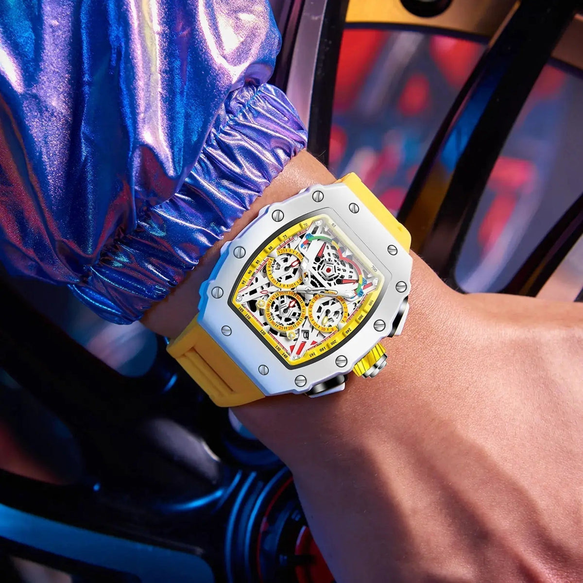 Reloj Hombre Esqueleto Cronógrafo | Caja Tonel · Esfera Abierta · 7 Colores