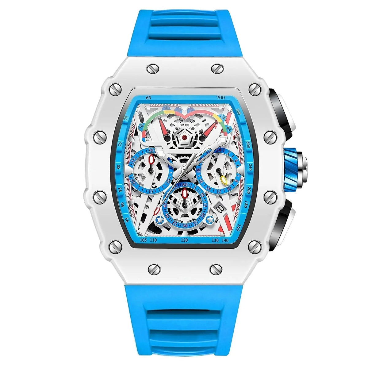 Reloj Hombre Esqueleto Cronógrafo | Caja Tonel · Esfera Abierta · 7 Colores