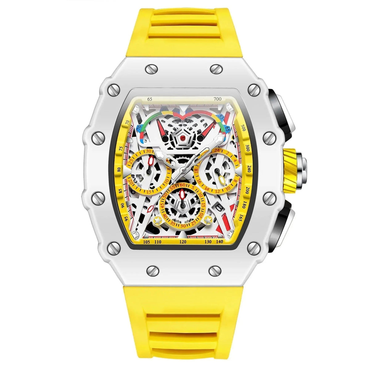 Reloj Hombre Esqueleto Cronógrafo | Caja Tonel · Esfera Abierta · 7 Colores