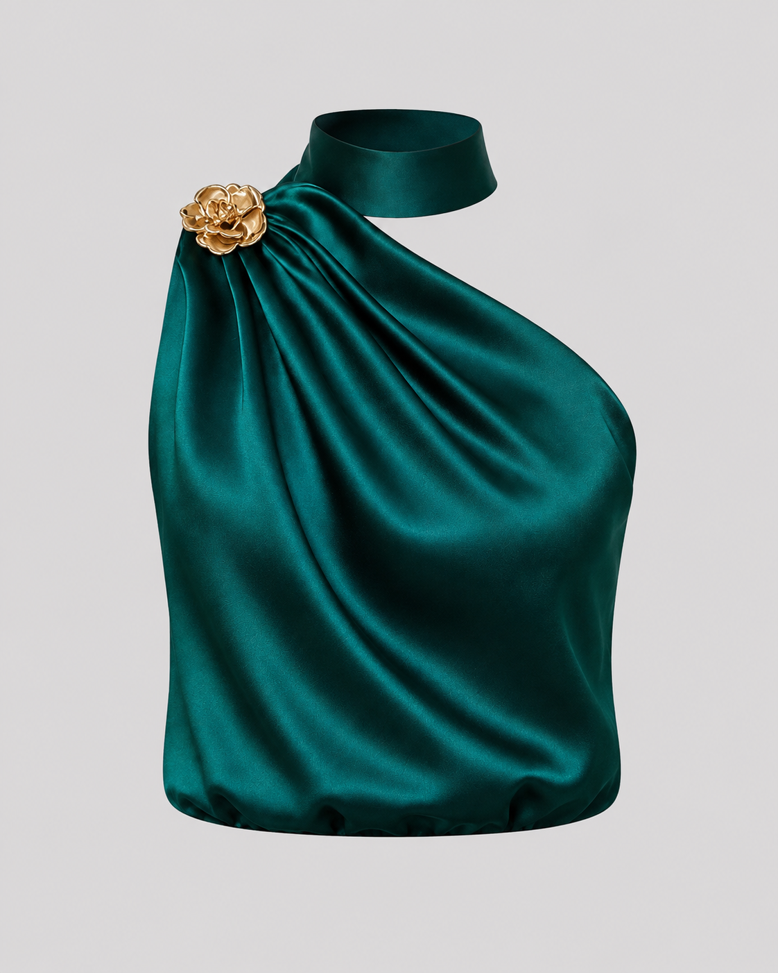 Blusa Satiné Un Hombro | Detalle Floral Dorado · Verde Oscuro