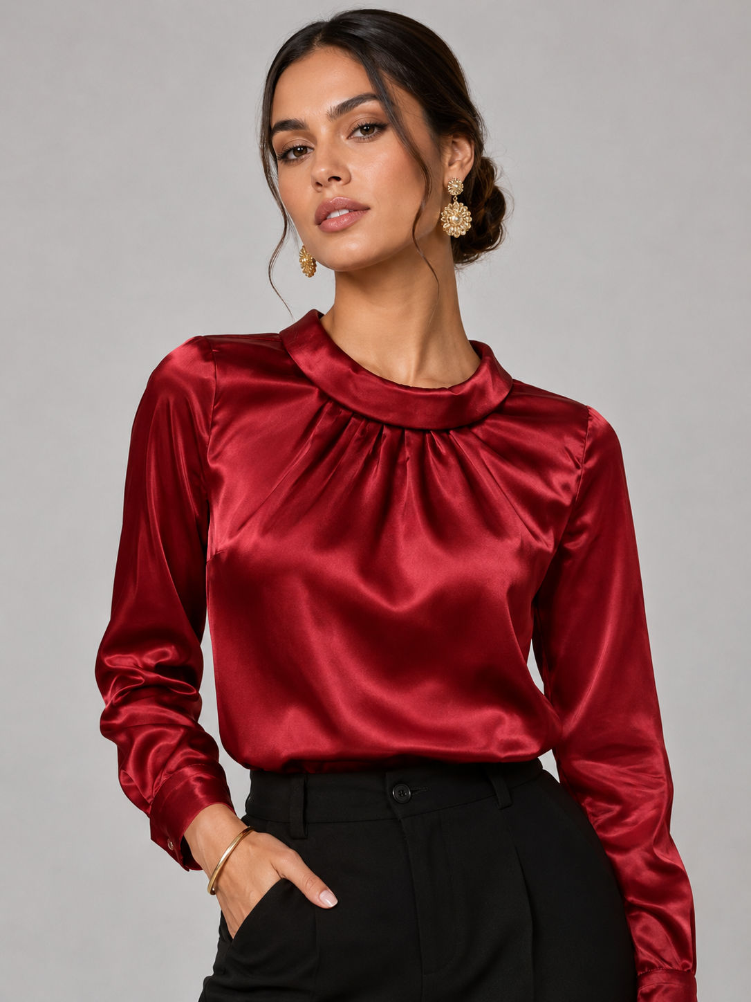 Blusa Satinada con Cuello Drapeado | Rosa y Burdeos · Corte Favorecedor