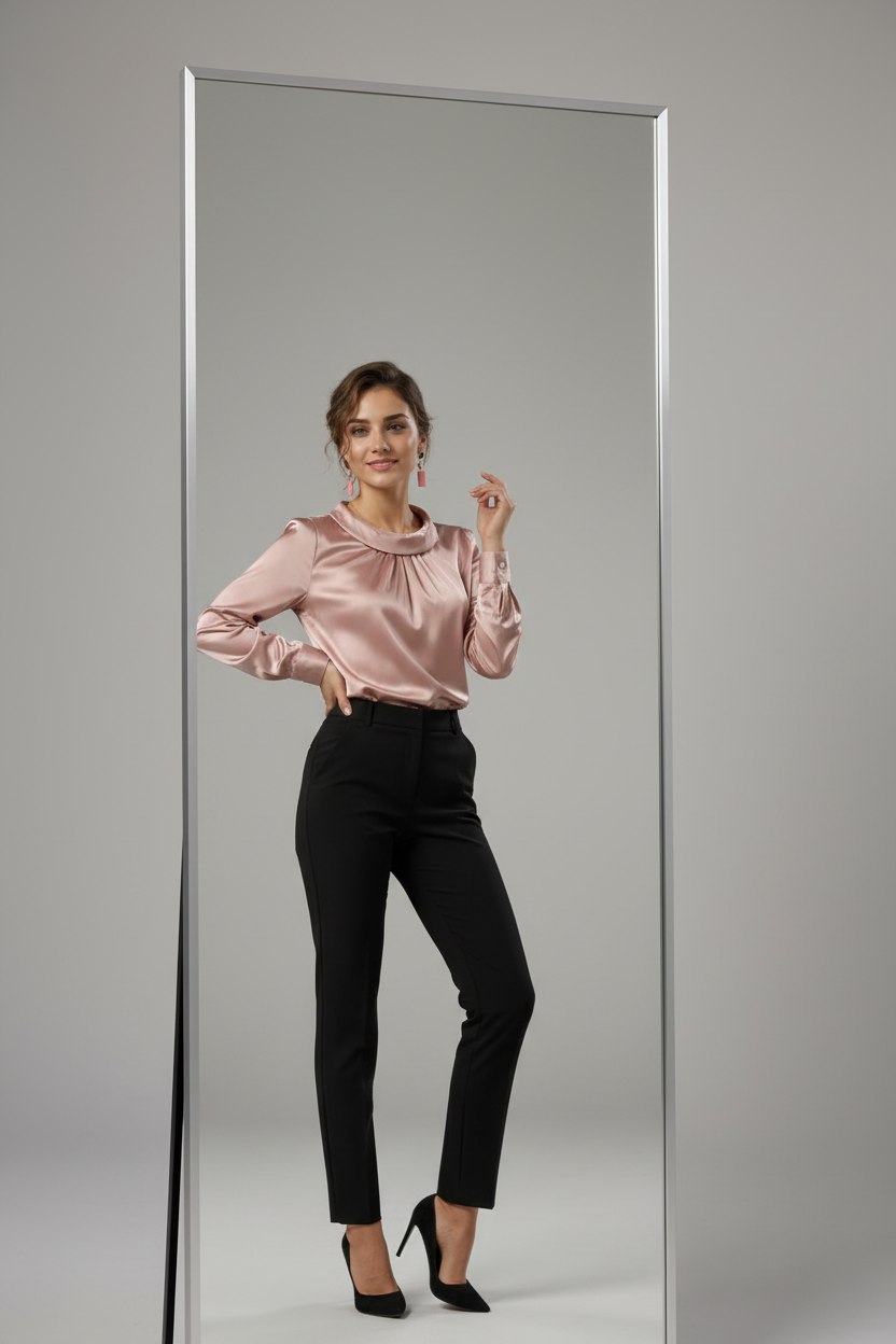 Blusa Satinada con Cuello Drapeado | Rosa y Burdeos · Corte Favorecedor