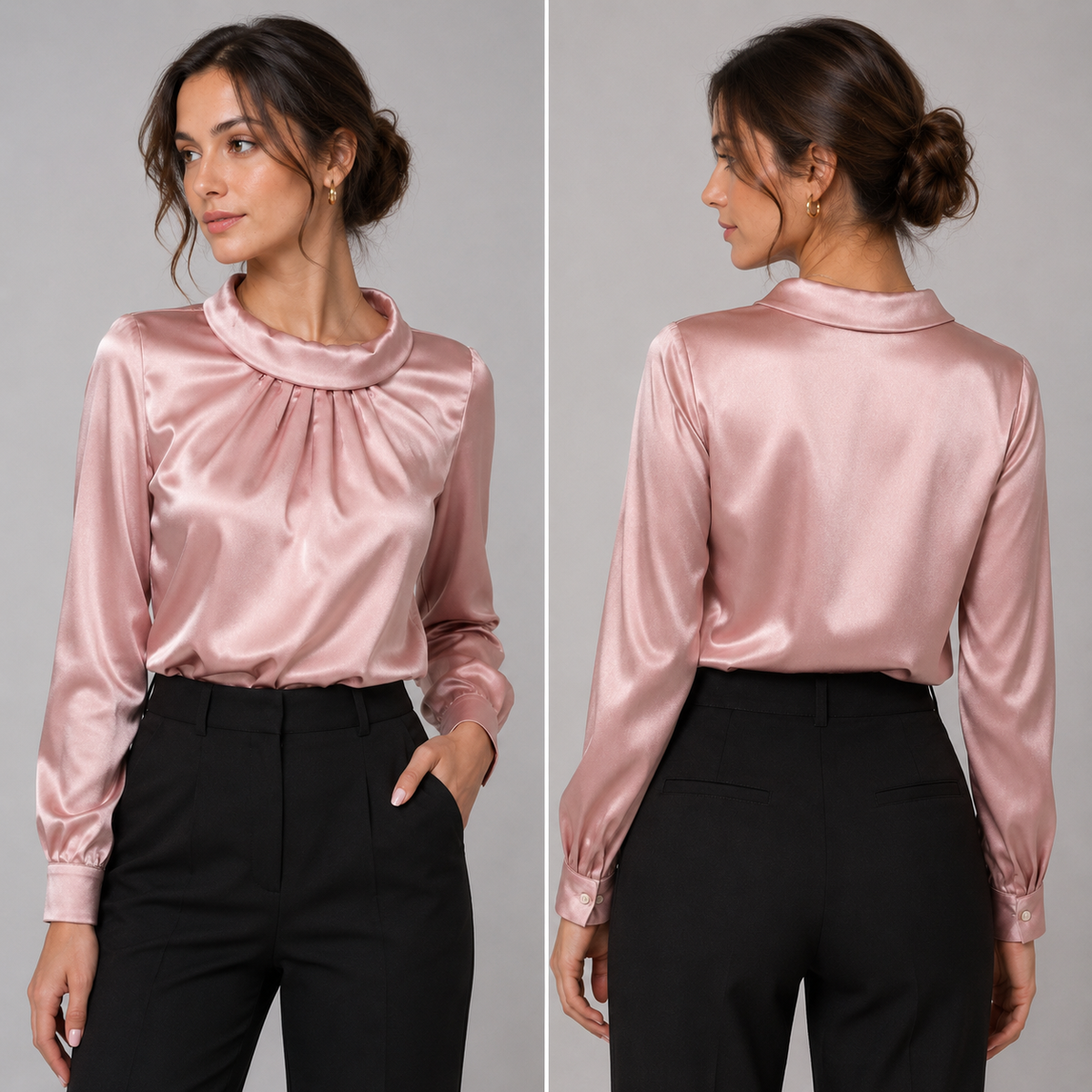 Blusa Satinada con Cuello Drapeado | Rosa y Burdeos · Corte Favorecedor