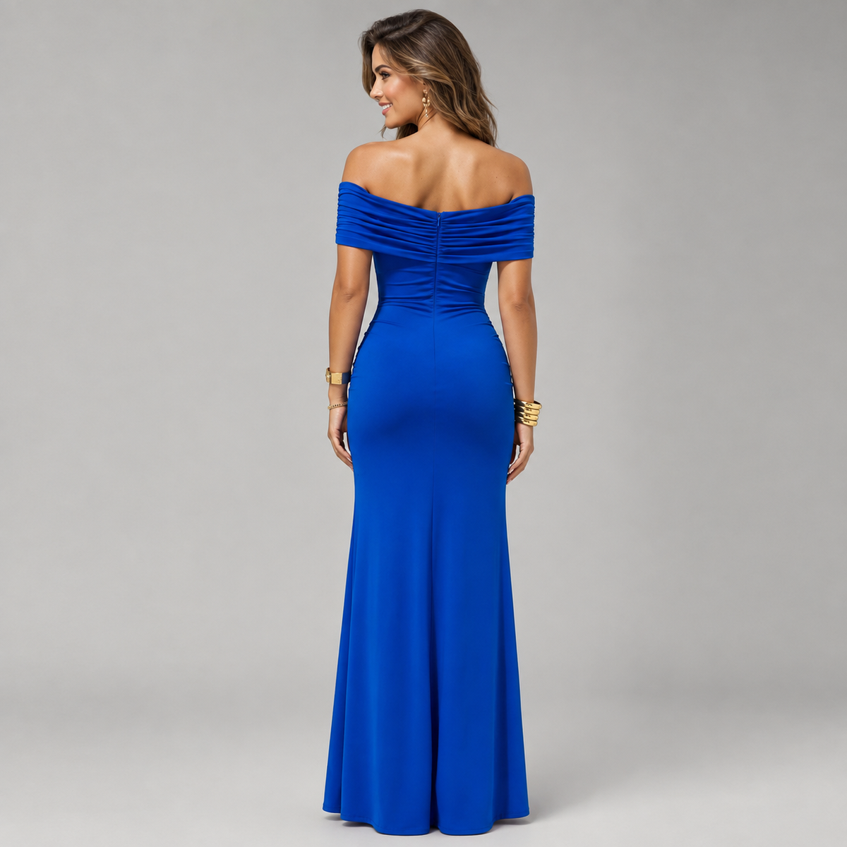 Vestido Largo Hombros Descubiertos | Fruncido en Cintura · Detalle Dorado · 4 Colores