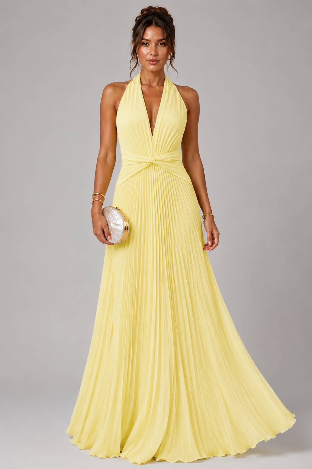 Vestido Halter con Falda Plisada | Drapeado en Cintura · 4 Colores Vibrantes