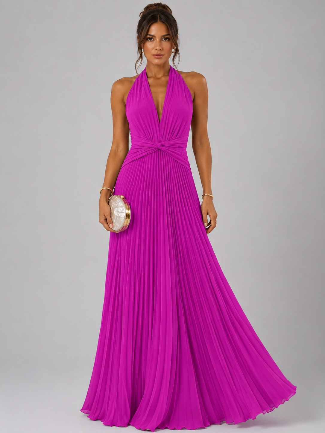 Vestido Halter con Falda Plisada | Drapeado en Cintura · 4 Colores Vibrantes