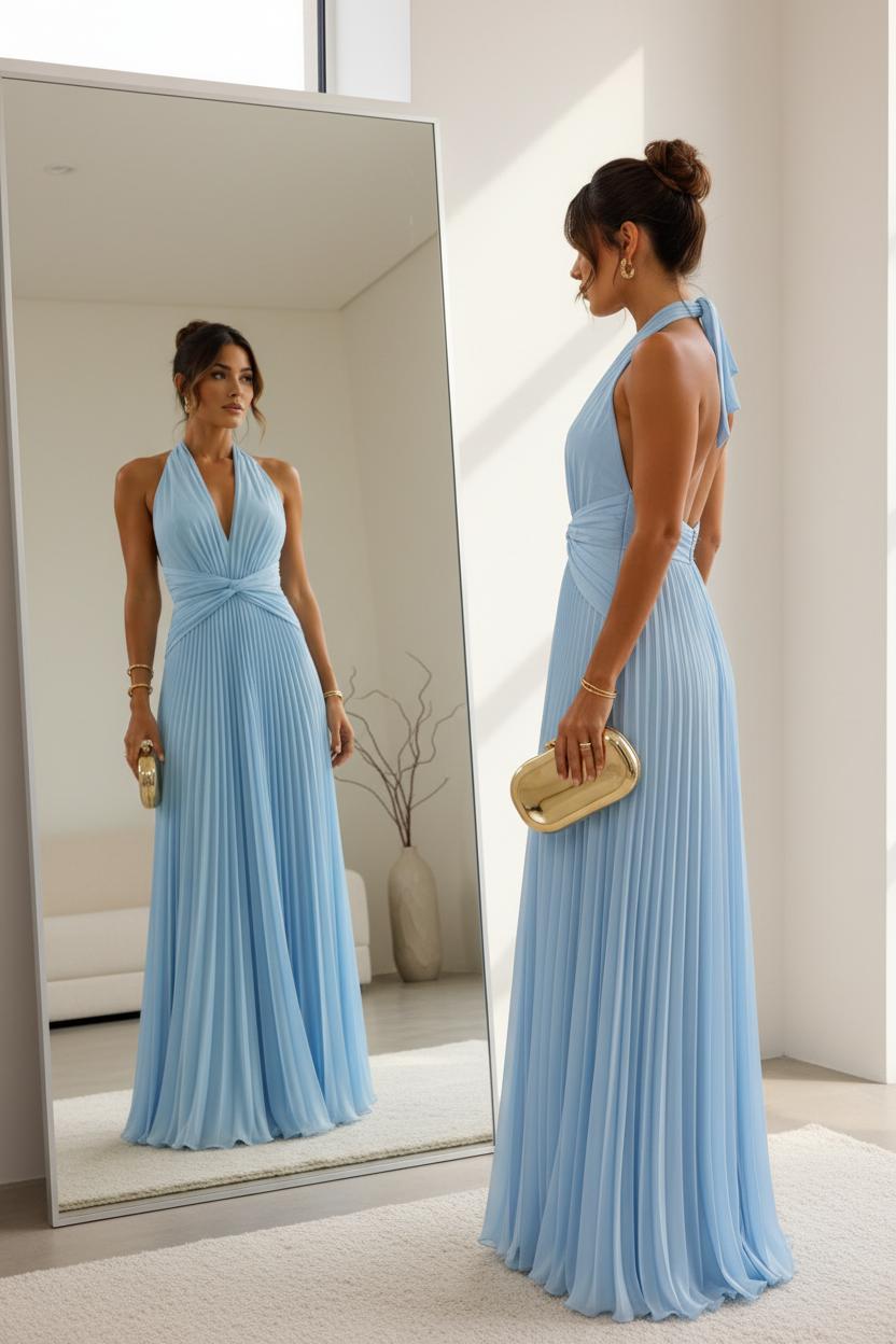 Vestido Halter con Falda Plisada | Drapeado en Cintura · 4 Colores Vibrantes