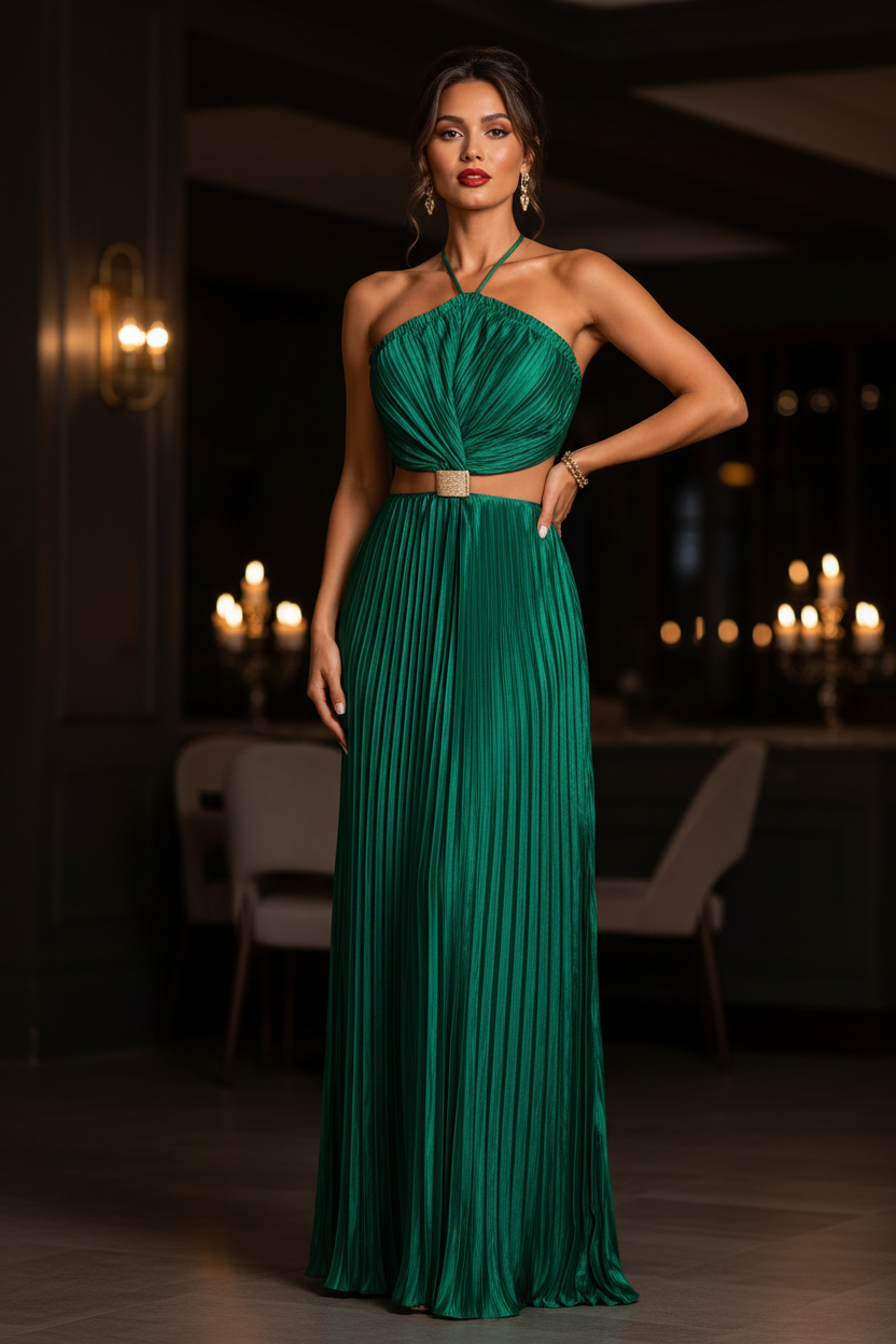 Vestido Maxi Plisado Halter | Cut-Outs en Cintura · Detalle Metálico · Verde, Negro y Blanco