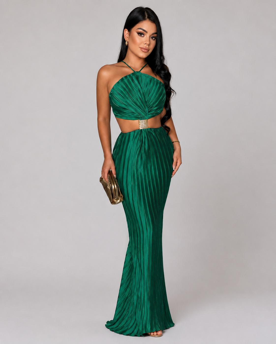 Vestido Maxi Plisado Halter | Cut-Outs en Cintura · Detalle Metálico · Verde, Negro y Blanco