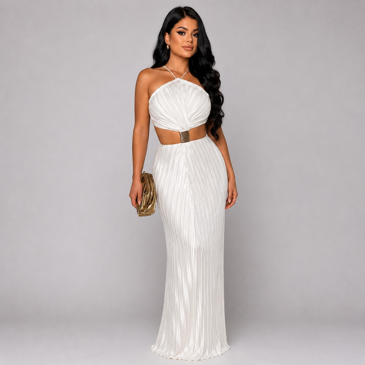 Vestido Maxi Plisado Halter | Cut-Outs en Cintura · Detalle Metálico · Verde, Negro y Blanco