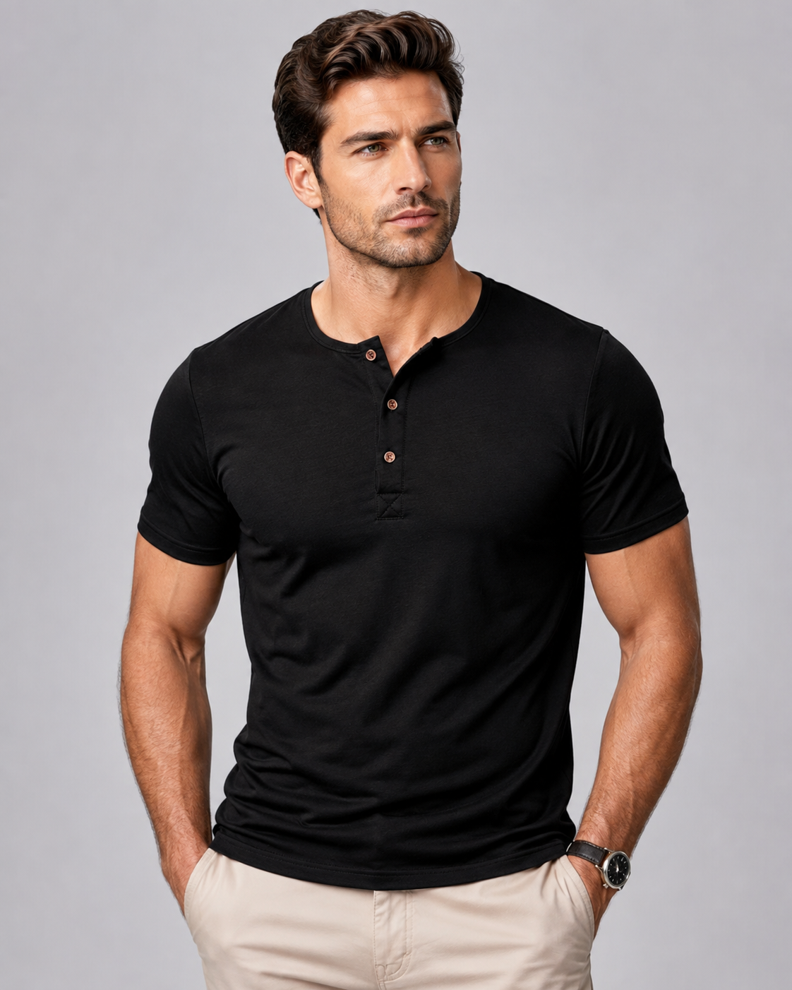 Camiseta Henley Masculina | Cuello Redondo con Botones · 5 Colores · S a 3XL