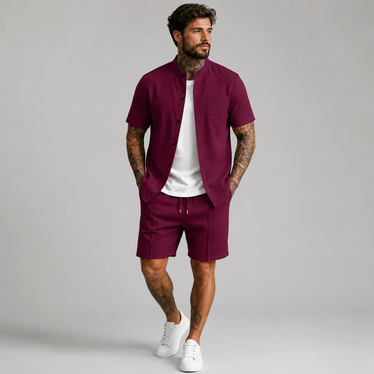Conjunto Masculino Camisa + Pantalón Corto | Cuello Mao · 6 Colores · S a 3XL
