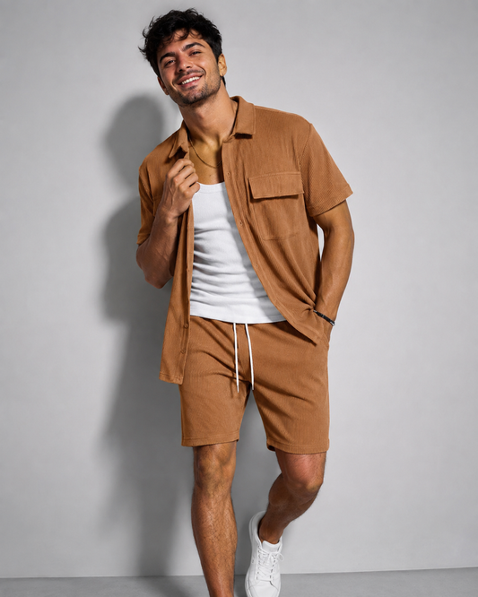 Conjunto Masculino Camisa Acanalada + Shorts | 5 Colores · S a 2XL