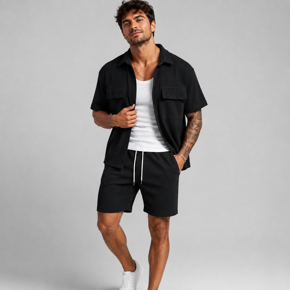 Conjunto Masculino Camisa Acanalada + Shorts | 5 Colores · S a 2XL