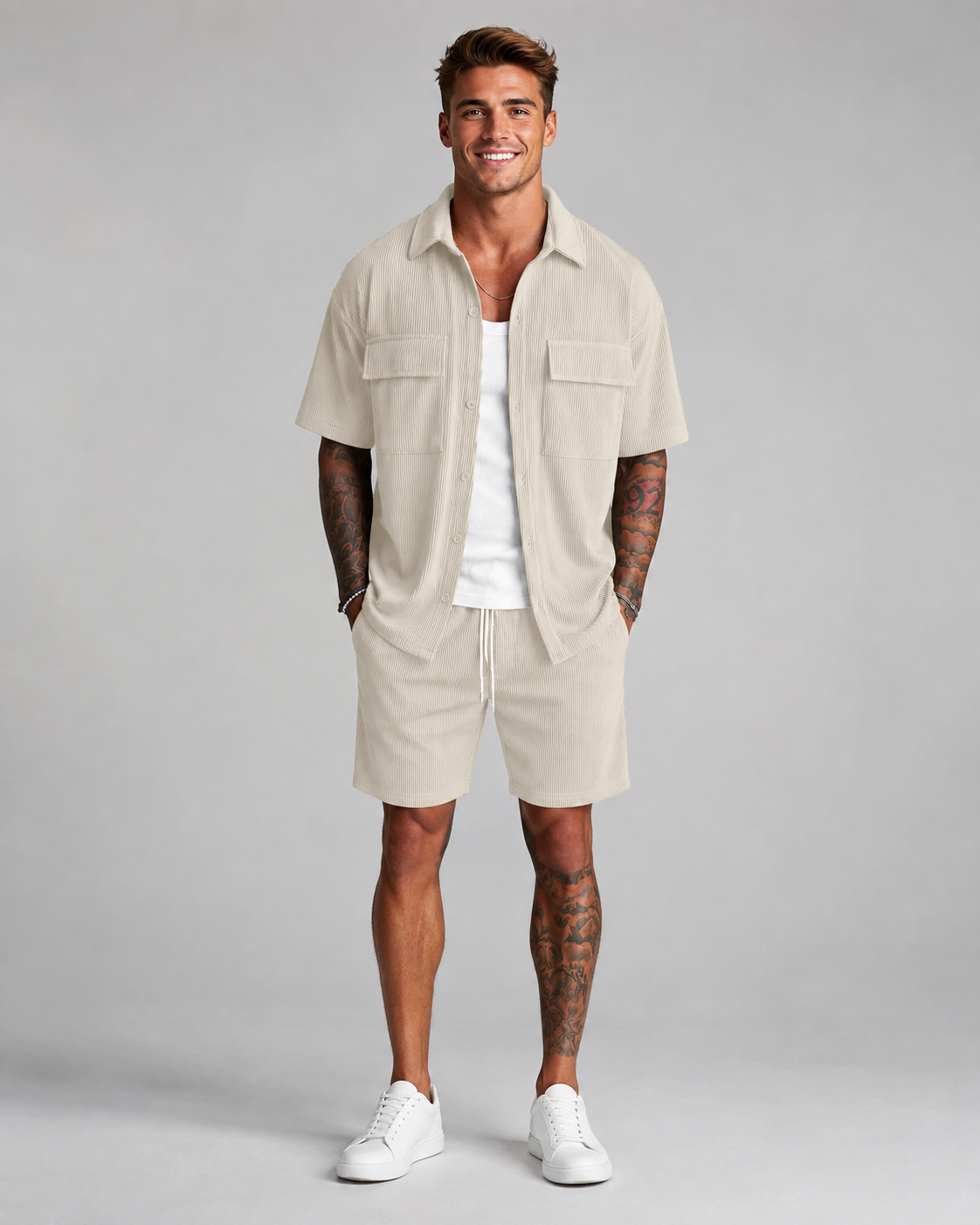 Conjunto Masculino Camisa Acanalada + Shorts | 5 Colores · S a 2XL