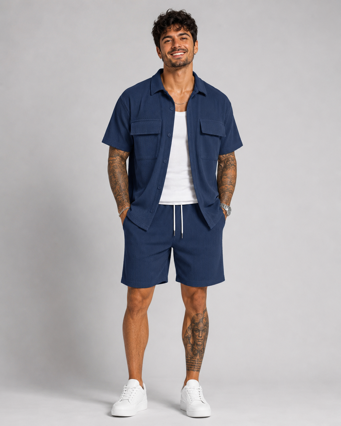 Conjunto Masculino Camisa Acanalada + Shorts | 5 Colores · S a 2XL