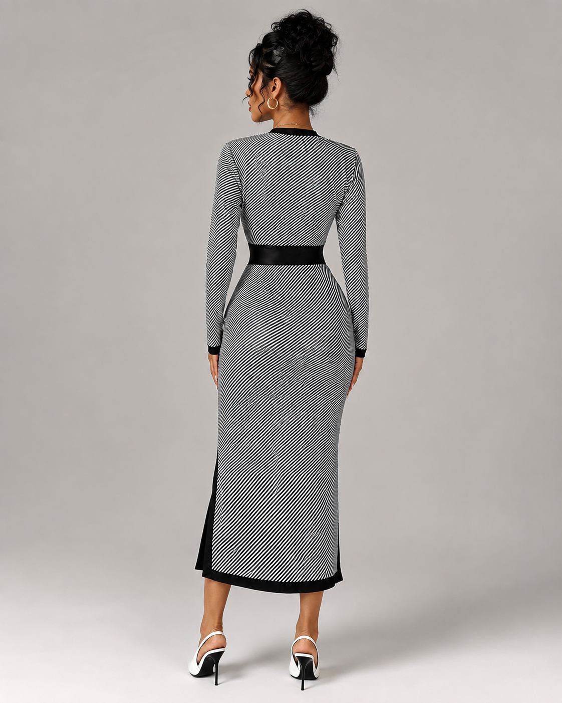 Vestido de Rayas Blanco y Negro | Escote en V · Cintura Marcada · Tallas S-XL