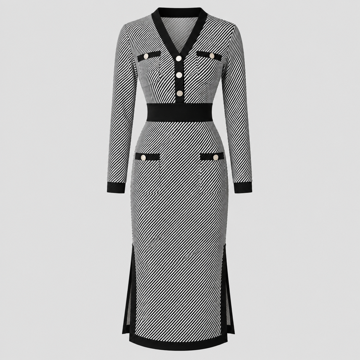 Vestido de Rayas Blanco y Negro | Escote en V · Cintura Marcada · Tallas S-XL