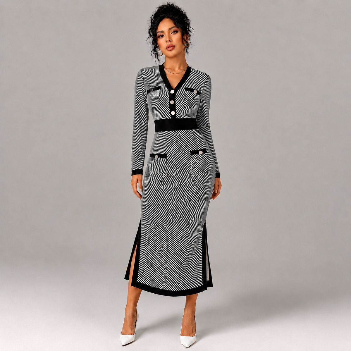 Vestido de Rayas Blanco y Negro | Escote en V · Cintura Marcada · Tallas S-XL